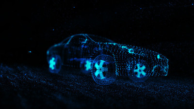 赛车电线模型的3D插图与蓝色霓虹灯在黑色的背景