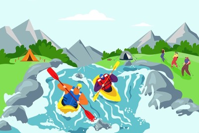 河流冒险和皮划艇旅行背景，矢量插图。度假生活方式以山为自然，户外山地运动活动。