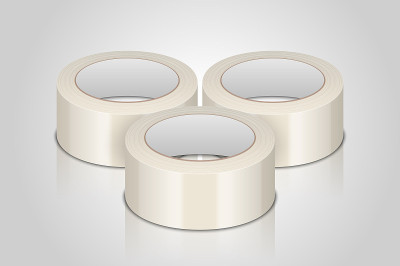 矢量现实白色3d光滑胶带卷模板标志，打印，模型设置特写孤立在白色背景。设计模板包装胶带卷或胶带的模型