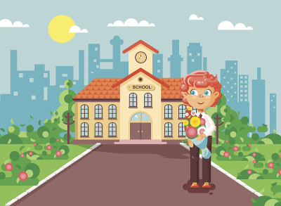 矢量插图卡通人物儿童孤独男孩红发男学生，小学生，学生站在门前与花束的知识天开始学习回到学校扁平的风格