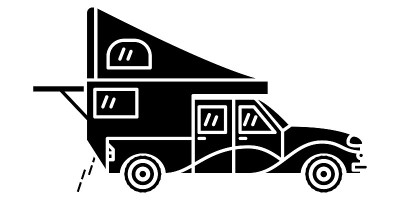 房车，休闲车，野营拖车，家庭露营车。在屋顶上设计一个可折叠的遮阳篷。矢量图标，字形，剪影，孤立