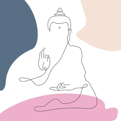 一条线艺术剪影的佛像孤立在白色的背景为标志，贺卡，名片。一幅连续的线条画出了极简主义风格的佛像佛像人