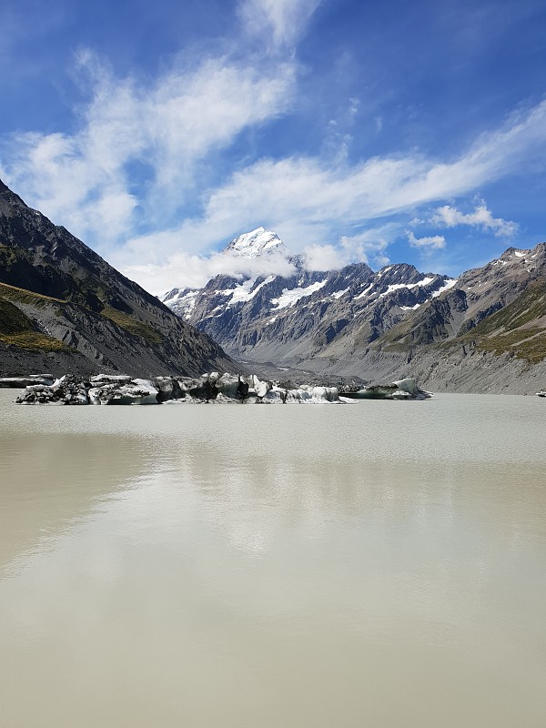 位于新西兰南部的胡克谷的冰川湖和白雪覆盖的山脉