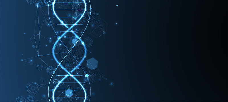 发光的氖DNA链。生物技术、生物化学、科学、医学概念。