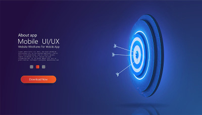 目标实现的概念。业务目标等距概念矢量插图。箭飞向中心的板。象征性的目标成就，成功。蓝色的网页背景。矢