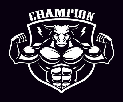 Black and white badge of a bull bodybuilder .