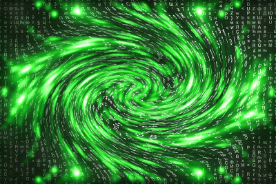 绿色矩阵数字背景。扭曲的网络空间的概念。人物落入虫洞。入侵矩阵。虚拟现实设计。复杂的算法数据黑客。绿