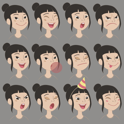 卡通亚洲女孩的情绪和表情设置。