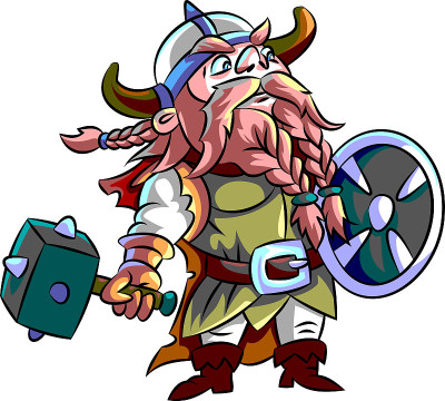 Humorous cartoon warrior with red braided beard, a