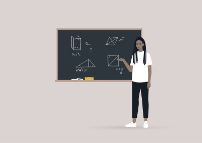 一位年轻的教师在黑板上用手画的数字讲解几何学