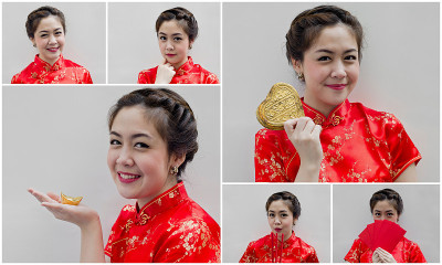 一套穿着中国旗袍的亚洲妇女