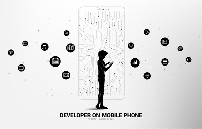人用手机和软件开发编程标签图标形状的手机用线路板图形。