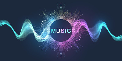 摘要运动声波线点动态矢量背景。螺旋脉冲声波节奏。音乐波浪海报设计。