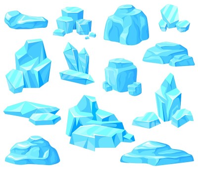 卡通冰碎片。冰柱冰川冰山，冰冻冰山块，蓝色冷净水晶，片雪浮冰，冰冻玻璃方形，平面整齐孤立矢量插图