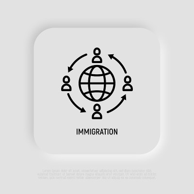 移民细线图标，人们游走全球。现代向量插图。