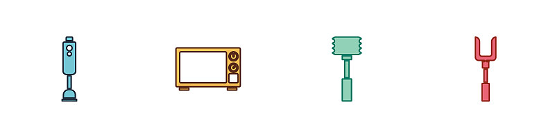设置搅拌器，微波炉，厨房锤和烧烤叉图标。向量