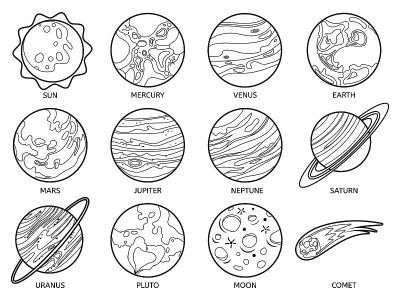 行星为彩色书。太阳系地球，太阳和海王星，木星和冥王星，金星和火星，土星和月球，天王星和彗星向量集