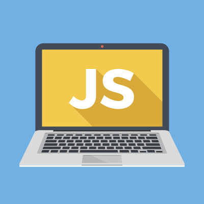 笔记本电脑与JS字在屏幕上。学习Javascript，编码，编程
