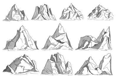 山素描设置孤立的白色背景