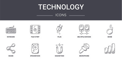 技术概念线图标集。包含可用于web, logo, ui/ux的图标，如胶片条，多个设备，共享，磁性，