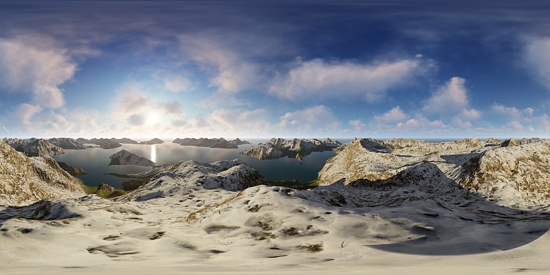 一个有雪峰的高山湖泊的全景