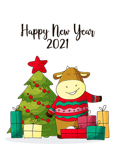 2021新年快乐儿童插画。中国新年牛年2021年