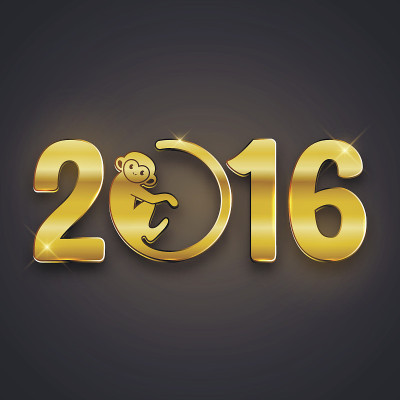 新年明信片设计，金色文字与猴子符号2016