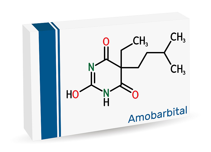 阿巴比妥、阿米洛巴比妥、阿米妥钠药物分子。它是一种具有催眠和镇静作用的巴比妥衍生物。骨化学公式。药品