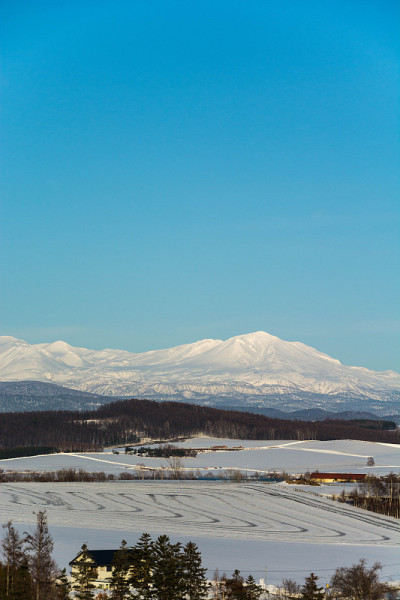 在北海道，白雪融化的田野