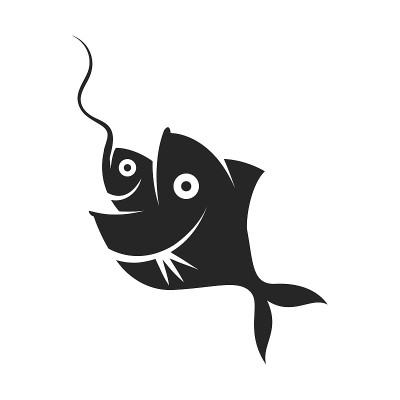 Fish eating bait icon in black and white. Business