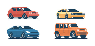 的汽车。包括掀背车、轿车、跑车和SUV。矢量平面插图。