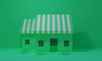 3d绿色商店在绿色绿色的墙壁上。3 d渲染。