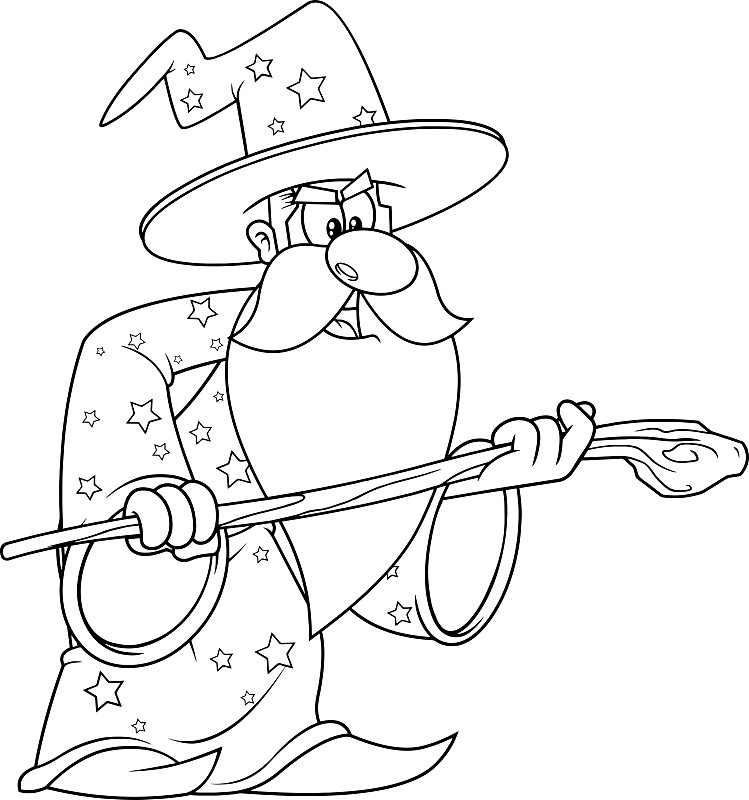 Outlined Old Wizard Cartoon Character With A Cane 