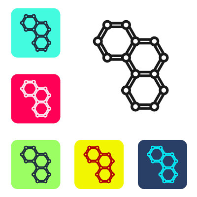 黑线化学公式图标孤立在白色背景上。摘要六边形用于创新医药、卫生、科研和科学。设置图标的颜色方形按钮。