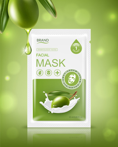 Facial sheet mask sachet package. Vector realistic