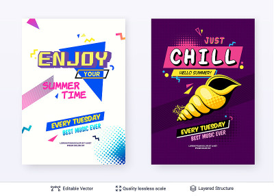 Set of summer season ad posters in pop-art style.