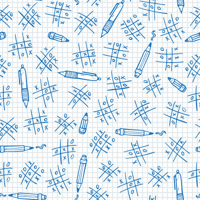 井字。回到学校背景。涂鸦TIC TAC - toe游戏，钢笔和铅笔矢量无缝模式