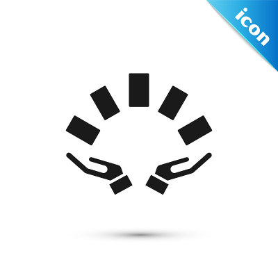 Grey Hand holding playing cards icon isolated on w