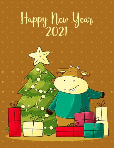 2021新年快乐儿童插画。中国新年牛年2021年