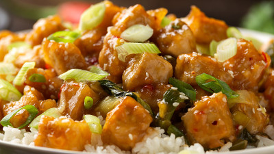 左宗棠豆腐配米饭、大葱、小白菜。亚洲素食