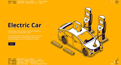 Electric car on charger station banner