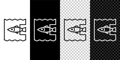 设置线停止海洋塑料污染图标隔离在黑白背景。环境保护的概念。鱼对塑料说不。矢量图