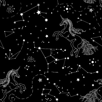 美丽的单色无缝模式与星系和白色线性轮廓独角兽在黑色的背景。矢量图