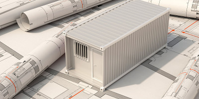 施工现场办公室，集装箱模型上的建筑蓝图规划背景。三维演示