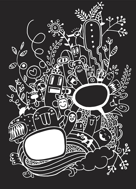 手绘疯狂涂鸦怪物和花，绘画风格