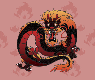 愤怒的亚洲红色龙与火焰的舌头