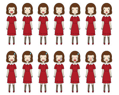 全身插图组的女孩与各种面部表情