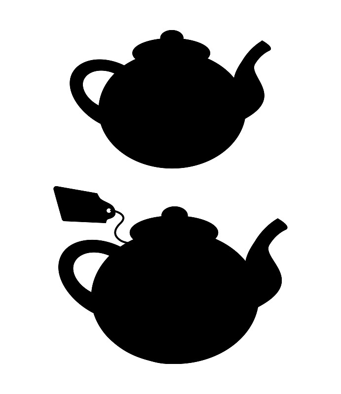 瓷茶壶和茶包。轮廓图。矢量插图。