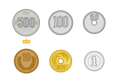 一套日本货币。新的500日元硬币100日元。50日元。10日圆。5日元。1日元。插图。向量。日本的钱