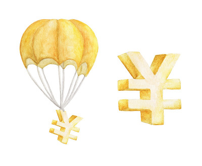 黄金日元在降落伞上飞行。水彩插图。